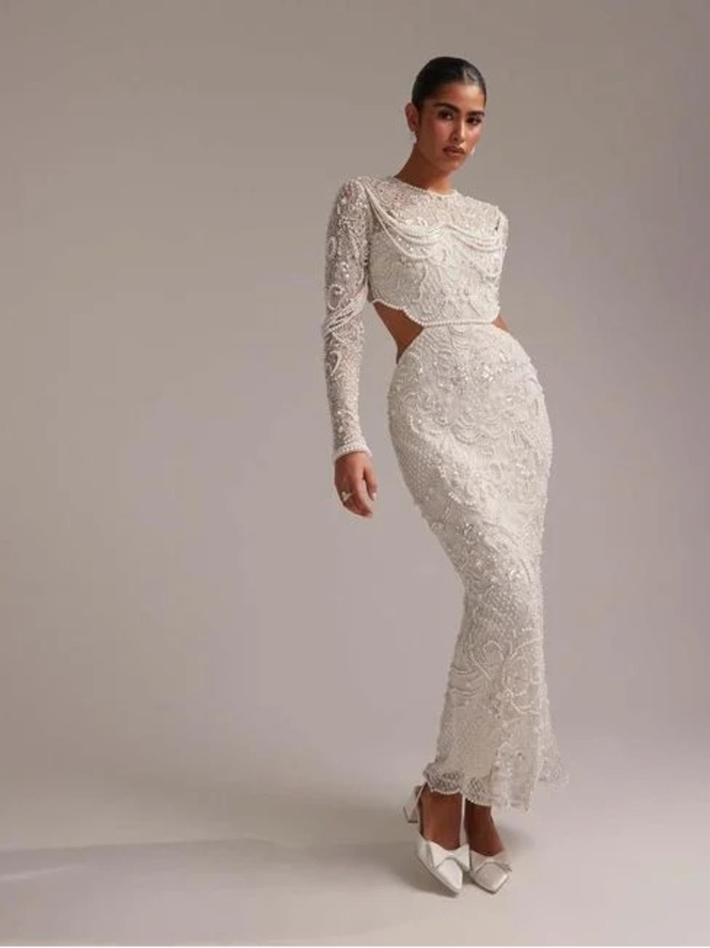 ASOS Ivory Long-Sleeve Beaded Cutout Gown